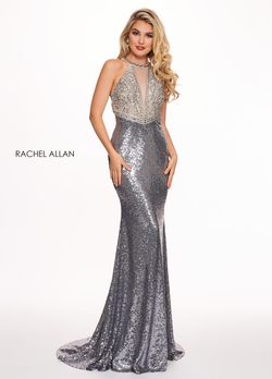 Style 6630 Rachel Allan Silver Size 6 Floor Length Tall Height Shiny Halter Mermaid Dress on Queenly