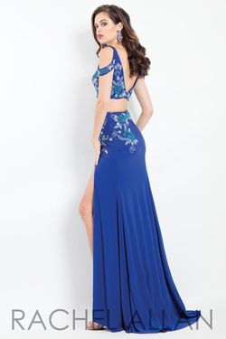 Style 6018 Rachel Allan Blue Size 4 Jersey Floor Length Side slit Dress on Queenly
