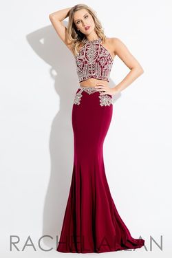 Style 7569 Rachel Allan Red Size 4 Jersey Beaded Top Halter Floor Length Mermaid Dress on Queenly