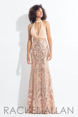 Style 6190 Rachel Allan Rose Gold Size 4 Shiny Tall Height Mermaid Dress on Queenly
