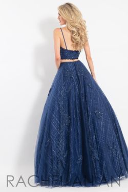 Style 6049 Rachel Allan Blue Size 16 Prom Spaghetti Strap V Neck Shiny Ball gown on Queenly