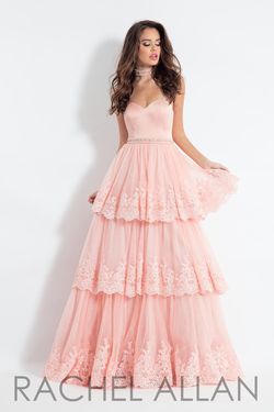 Style 6029 Rachel Allan Pink Size 4 Lace Ruffles Bridesmaid Ball gown on Queenly