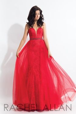 Style 6004 Rachel Allan Red Size 14 Overskirt Prom Lace Ball gown on Queenly