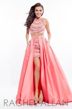 Style 7074RA Rachel Allan Pink Size 10 Midi Halter Overskirt Cocktail Dress on Queenly