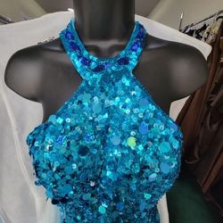Style P8874 Precious Formals Blue Size 4 Halter $300 50 Off Euphoria Cocktail Dress on Queenly