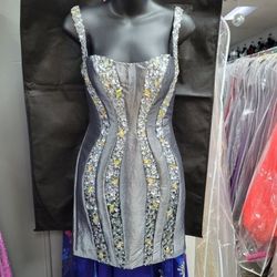 Style 6742 Rachel Allan Silver Size 4 Holiday Tall Height Prom Cocktail Dress on Queenly