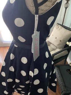 Jovani Navy Blue Size 0 Fun Fashion Interview Polka Dot Backless Cocktail Dress on Queenly