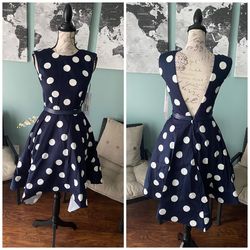 Jovani Navy Blue Size 0 Fun Fashion Interview Polka Dot Backless Cocktail Dress on Queenly
