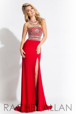 Style 7115RA Rachel Allan Red Size 0 Halter Euphoria Side slit Dress on Queenly