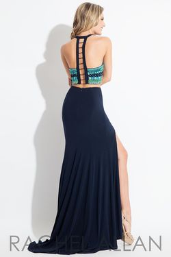Style 2120 Rachel Allan Blue Size 10 Navy Halter Floor Length Side slit Dress on Queenly