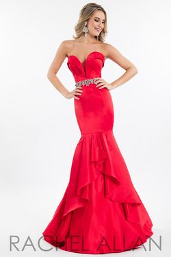 Style 2123 Rachel Allan Red Size 6 Floor Length Satin Tall Height Silk Mermaid Dress on Queenly