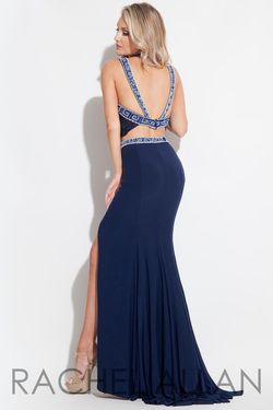 Style 2063 Rachel Allan Blue Size 4 Prom Lace Floor Length Jersey Side slit Dress on Queenly