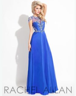 Style 6842 Rachel Allan Blue Size 12 Cap Sleeve Sheer A-line Dress on Queenly