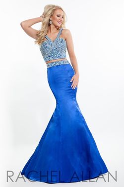 Style 7225RA Rachel Allan Blue Size 6 Floor Length Satin Tall Height Silk Halter Mermaid Dress on Queenly