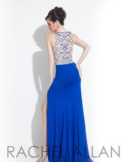 Style 6848 Rachel Allan Royal Blue Size 8 Sheer Prom Side slit Dress on Queenly