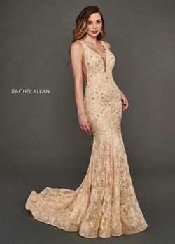Style 8388 Rachel Allan Gold Size 8 Tall Height Sheer Prom Mermaid Dress on Queenly