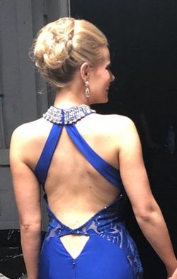 Mac Duggal Blue Size 2 Lace Floor Length Sequin Bachelorette Side slit Dress on Queenly