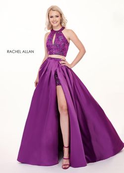 Style 6495 Rachel Allan Purple Size 6 Fun Fashion Satin Pageant Jumpsuit Dress on Queenly