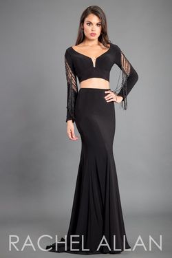 Style 8326 Rachel Allan Black Size 4 Tall Height Fringe Prom Mermaid Dress on Queenly