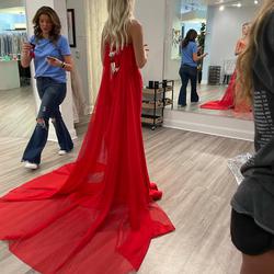 Jovani Red Size 0 Fitted Train Strapless Prom Side slit Dress on Queenly