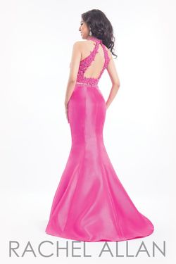 Style 6031 Rachel Allan Pink Size 10 Silk Halter Lace Mermaid Dress on Queenly