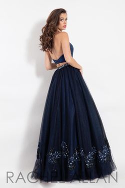 Style 6099 Rachel Allan Blue Size 6 Halter Floor Length Ball gown on Queenly