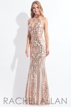 Style 6179 Rachel Allan Gold Size 8 Tall Height Floor Length Prom Sequined Mermaid Dress on Queenly