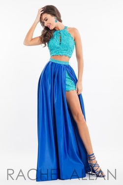 Style 7590 Rachel Allan Blue Size 0 Pageant Teal Overskirt Jumpsuit Dress on Queenly