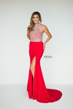 Style 8429 Vienna Red Size 12 Floor Length Halter Fitted Prom Side slit Dress on Queenly