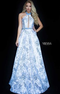 Style 7831 Vienna Blue Size 8 Prom Floral Plunge A-line Dress on Queenly
