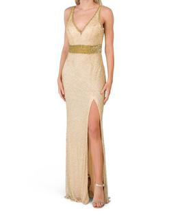 Mac Duggal Gold Size 12 Holiday Side slit Dress on Queenly