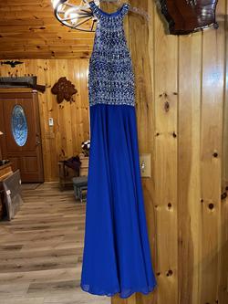 Blush Blue Size 14 Beaded Top High Neck Prom A-line Dress on Queenly