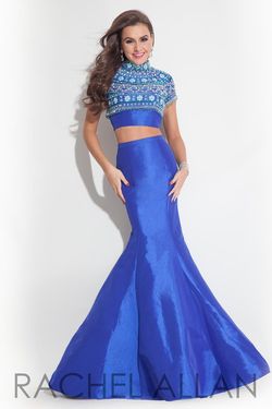 Style 7064RA Rachel Allan Blue Size 8 High Neck Floor Length Mermaid Dress on Queenly