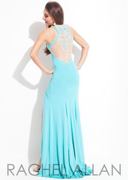 Style 6899 Rachel Allan Blue Size 6 Jersey Turquoise Side slit Dress on Queenly