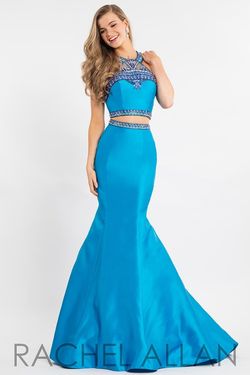 Style 2077 Rachel Allan Blue Size 6 Tall Height Halter Silk Mermaid Dress on Queenly