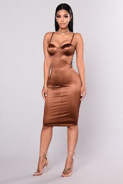 Fashion Nova Nude Size 2 Sunday Shiny Midi Cocktail Dress on Queenly
