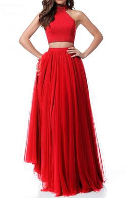 Style 51721 Sherri Hill Red Size 10 Tall Height High Neck Sheer Side slit Dress on Queenly