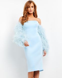 Style 06012 Jovani Blue Size 2 Midi Feather Pageant Cocktail Dress on Queenly