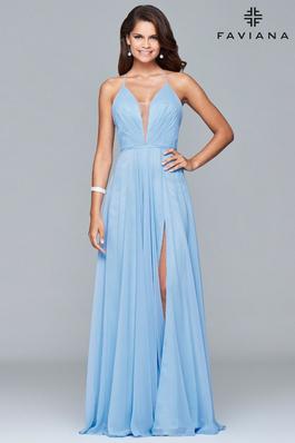 Style 7747 Faviana Blue Size 8 Sorority Formal Sheer Side slit Dress on Queenly