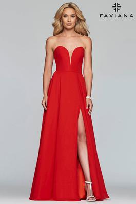 Style 10232 Faviana Red Size 8 Strapless Prom Side slit Dress on Queenly