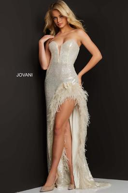 Style 07068 Jovani Nude Size 8 Floor Length Pageant Feathers Side slit Dress on Queenly