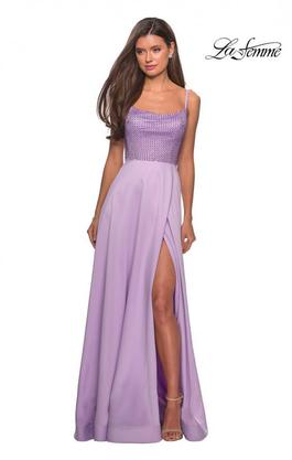 Style 27293 La Femme Purple Size 14 Boat Neck Prom Side slit Dress on Queenly
