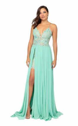 Style 1913P8324 Terani Couture Green Size 8 Holiday Tall Height Nude Side slit Dress on Queenly