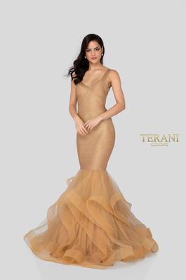 Style 1911P8640 Terani Couture Gold Size 6 Pageant Tall Height Fitted Prom Mermaid Dress on Queenly