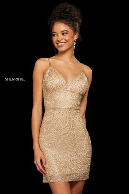 Style 53014 Sherri Hill Gold Size 8 Holiday Tall Height Cocktail Dress on Queenly