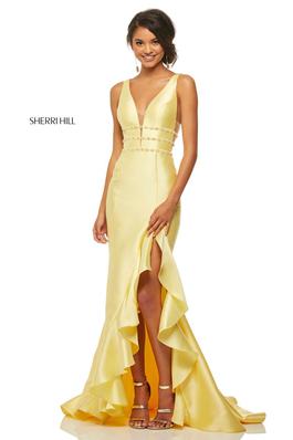 Style 52576 Sherri Hill Yellow Size 6 Tall Height Side slit Dress on Queenly