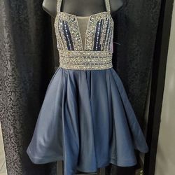 Style 52070 Angela and Alison Navy Blue Size 8 Prom Midi Cocktail Dress on Queenly