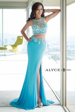 Style 6391 Alyce Paris Blue Size 4 Tall Height Sweetheart Side slit Dress on Queenly