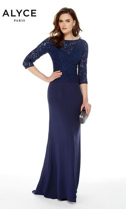 Style 27017 Alyce Paris Blue Size 12 Lace Black Tie Military Straight Dress on Queenly
