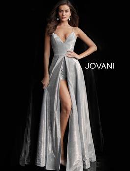 Style 66284 Jovani Silver Size 6 Tall Height Spaghetti Strap Side slit Dress on Queenly